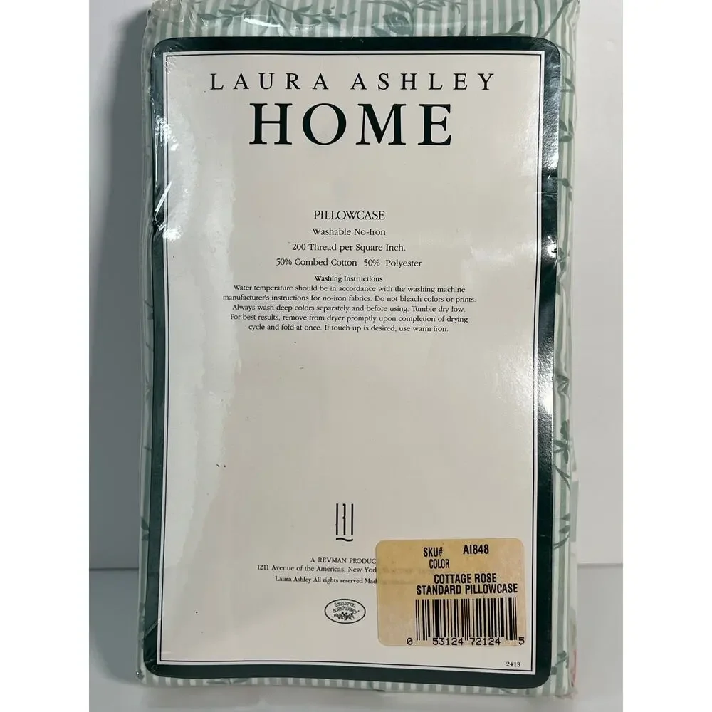 VTG Laura Ashley Cottage Rose Standard Pillowcase Set 2 Pink Green Stripe NIP